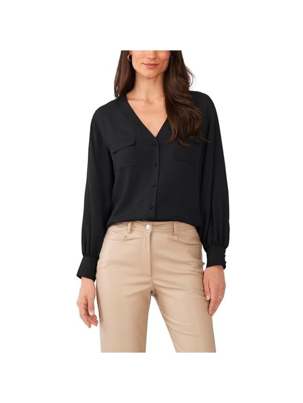 VINCE CAMUTO V Neck Button Front Blouse Rich Black Size L